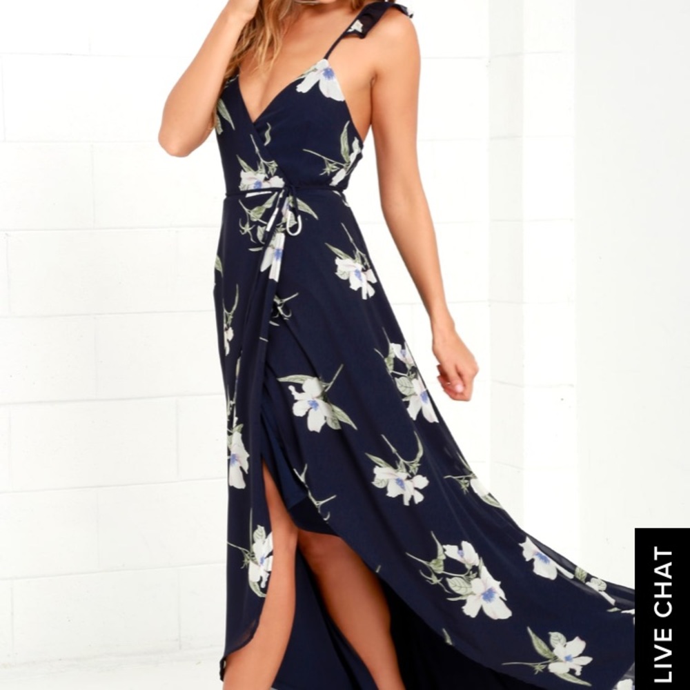 NAVY BLUE FLORAL HIGH-LOW WRAP DRESS